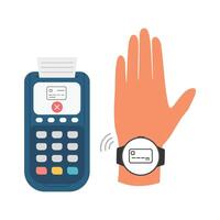 Wireless paying concept with smart watch by POS terminal. Printed receipt of refused transaction vector