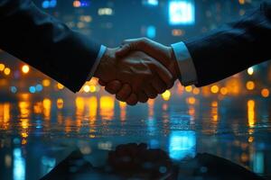 A powerful handshake symbolizes partnership and trust in business setting, illuminated by city lights. photo