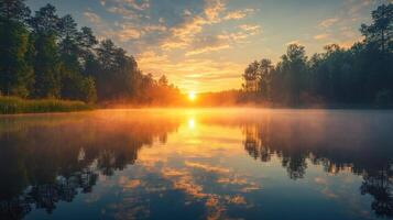 A serene sunrise reflected in calm lake, surrounded by lush trees and mist, creating peaceful atmosphere. photo
