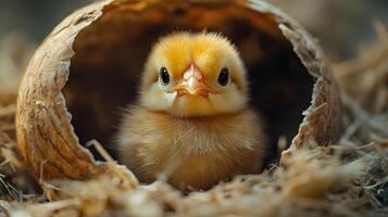 A newly hatched chick emerging from its shell, showcasing its soft yellow feathers and curious expression. This adorable moment captures essence of new life. photo