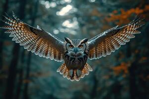 A dramatic image of an owl flying silently through forest, showcasing its majestic wings and piercing eyes. atmosphere is mysterious and captivating. photo