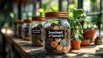 Investment in teamwork is symbolized by glass jar filled with coins, surrounded by greenery. photo
