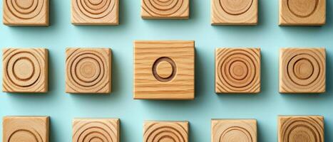 Conceptual illustration of wooden blocks arranged in pattern, featuring unique central block. design showcases natural textures and shapes, evoking creativity. photo