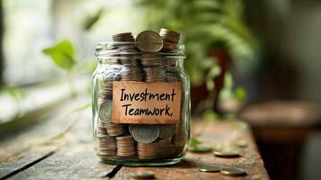 A glass jar filled with coins symbolizes investment and teamwork, showcasing financial growth and collaboration. photo
