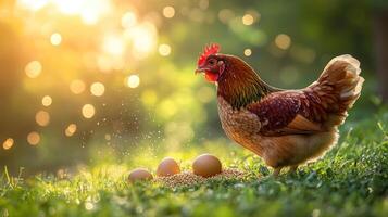 A hen pecks at grains in grassy field, surrounded by eggs, with warm, glowing background. scene captures peaceful, rural atmosphere. photo