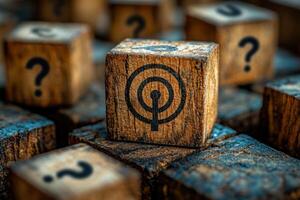 Wooden blocks with symbols create an intriguing visual, showcasing mix of designs and textures. focus on central block adds depth to composition. photo