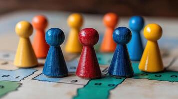Colorful game pieces on map, representing strategy and teamwork in board games. photo