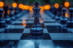 A creative close up shot of chessboard featuring prominent black king piece, surrounded by blurred chess pieces and warm bokeh lights, creating captivating atmosphere. photo