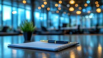 A creative photo of pen and notebook on desk with blurred background, capturing calm and professional atmosphere.