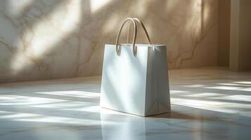 A sleek white shopping bag with matte finish, elegantly placed on marble surface, captures soft light and shadows. photo