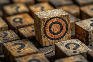 A wooden block with target symbol stands out among question mark blocks, symbolizing focus and clarity amidst uncertainty. photo