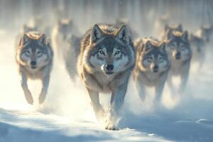 A dynamic wolf pack running through snow, showcasing their strength and unity in stunning winter landscape. photo