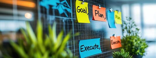 A vibrant collage of sticky notes on glass wall emphasizes concepts of goal setting and planning, creating an inspiring workspace. photo