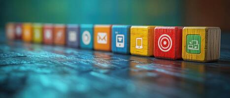 Artistic image of row of colorful wooden blocks with various icons, showcasing creativity and design. photo