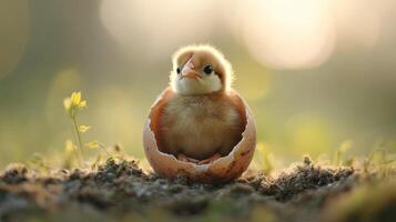 A newly hatched chick emerging from its shell, surrounded by soft earth and greenery, symbolizes new beginnings and innocence. photo