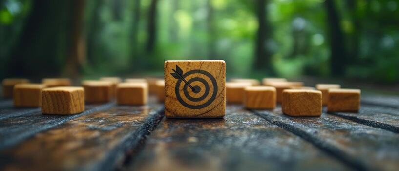 A conceptual image of wooden blocks arranged in forest setting, featuring target symbol on one block, symbolizing focus and goals. photo