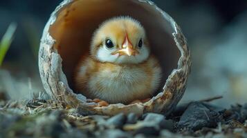 Newly hatched chick emerging from its shell, showcasing its soft feathers and curious expression. This moment captures beauty of new life. photo