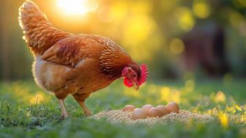 A hen pecking at grains near its eggs in grassy field, illuminated by warm sunlight, creates serene and nurturing atmosphere. photo