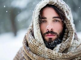 Jesus in winter clothing warmth in the cold photo