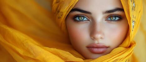 Close-up portrait of a woman in a yellow headscarf, looking directly at the camera. photo