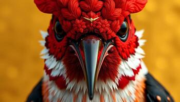 Close-up of a red and white bird with a large black beak and a crown of red feathers against a yellow background. photo
