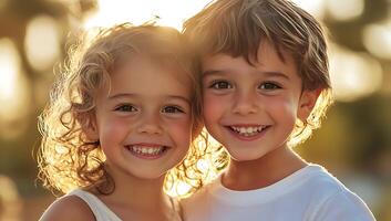 Two happy children smiling and looking at the camera. photo