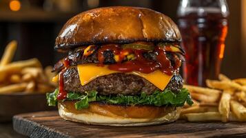 A juicy double cheeseburger with bacon, pickles, and ketchup, served with french fries and a glass of soda. photo
