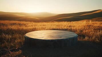 A circular stone platform stands in a field of tall grass, bathed in the golden light of a setting sun. The platform offers a picturesque display space, overlooking a tranquil landscape. photo