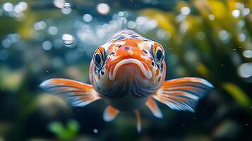 A close-up of a goldfish staring directly at the camera with a blurry background of bubbles and plants. photo