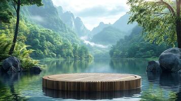 A circular wooden platform floats on a calm lake surrounded by lush greenery and mountains in the background. photo