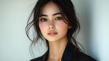 Close-up portrait of a young woman with long dark hair, looking at the camera with a soft smile. photo