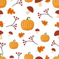 Autumn seamless pattern with pumpkins and mushrooms on a white background vector