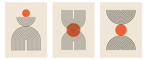 Set of trendy modern abstract geometric bauhaus posters with circle, square line shape. Minimalistic print for wall art decoration, postcard or brochure cover design in retro style art vector