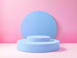 Realistic 3D blue circle platform podium or pedestal on pink background with shadow. Empty space for product display presentation. Minimalistic mockup with copy space . Stage showcase design vector