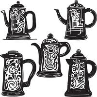 Icon set of black and white teapots for brewing tea with different patterns and shapes. illustration vector