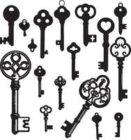 black and white cases of vintage keys of different shapes for locks. illustration vector