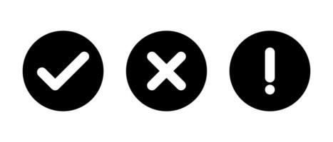 Tick, cross, and exclamation mark icon on black circle. Checkmark, x, and warning sign symbol vector