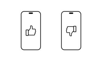 Hand thumb up and down on smartphone screen icon in line style. Like and dislike on phone display vector