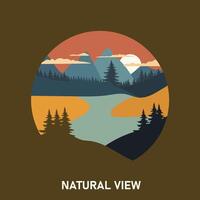 flat design illustration of landscape with mountains, pine trees and lake vector