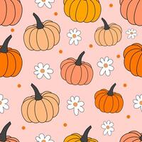 Fall Autumn Vibe with 70s groovy hippie retro Pumpkin seamless pattern. Vintage floral pattern. Design for fashion , fabric, textile, wallpaper , wrapping and all prints vector