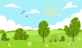 A crayon illustration of a summer meadow with rolling green hills, blue sky, and scattered clouds. The scene features grass, trees, and flowers. Ideal for backgrounds or nature designs. Not AI. vector