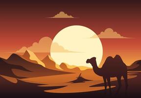 Illustration of a desert at night, featuring a camel silhouette riding across sand dunes with a sunset and a dune in the background. This scene captures Middle Eastern and African culture. Not ai. vector