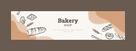 Bakery banner with fresh bread, cakes, and pastries. Vintage illustration sketch features wheat, croissants, and cupcakes, perfect for menus, posters or social media post. Not AI. vector