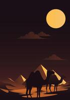 Illustration of a desert at night, featuring a camel silhouette riding across sand dunes with a sunset and a dune in the background. This scene captures Middle Eastern and African culture. Not ai. vector
