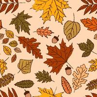 A seamless chalk pattern of multicolored autumn leaves, including maple and oak, in red, yellow, orange, and green. The hand drawn design fall doodles and pastel sketches. Not AI. vector