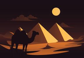 Illustration of a desert at night, featuring a camel silhouette riding across sand dunes with a sunset and a dune in the background. This scene captures Middle Eastern and African culture. Not ai. vector