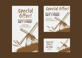 Grunge style baking banner features a retro illustration of wheat, mill, and flour. With a vintage mill, doodles, and a label, it's perfect for a bakery or food event. Not ai. vector