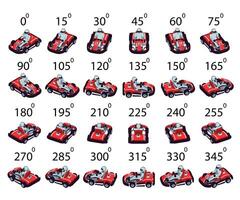 A set of 24 pixel superkart from different angles. vector
