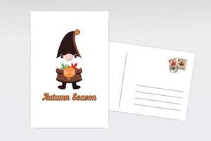 Autumn card with gnome holding pumpkin and leaves with fall season message and stamp design on white envelope vector