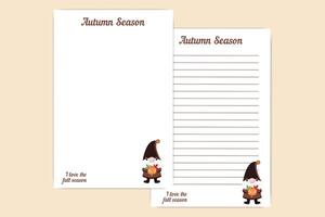 Autumn stationery set featuring a gnome holding a pumpkin and leaves, with blank and lined pages for letters and notes vector